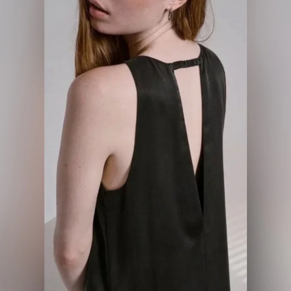 Lunya Washable Silk Racer Maxi Dress Navy Blue Deep V-Back Slit Minimalist L/XL - Picture 4 of 15